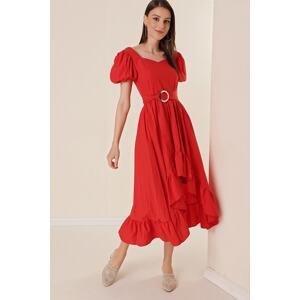 By Saygı Sweetheart Collar Belted Short Watermelon Sleeve Asymmetrical Dress Red