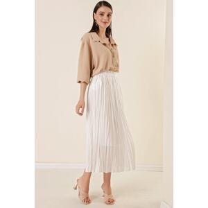 By Saygı Elastic Waist Lined Mini Check Thick Striped Long Chiffon Skirt White