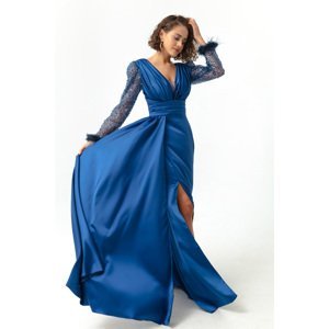 Lafaba Women's Indigo V-Neck Long Evening Dress with a Slit with Jewels on the sleeves.