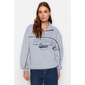 Trendyol Gray Zipper Printed Oversized Thick Fleece Inside Knitted Sweatshirt