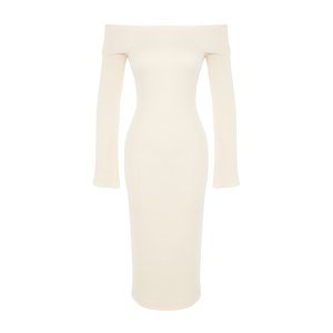 Trendyol Beige Fitted Carmen Collar Ribbed Soft Textured Midi Stretch Knit Dress