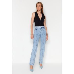 Trendyol Blue Stitching Detail High Waist Long Straight Jeans