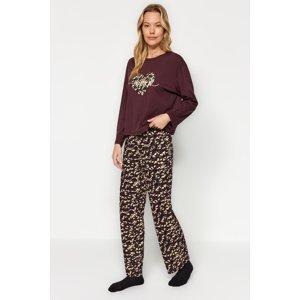 Trendyol Brown 100% Cotton Leopard Print Tshirt-Pants and Knitted Pajamas Set