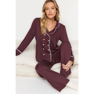 Trendyol Brown 100% Cotton Piping and Button Detailed Shirt-Pants Knitted Pajamas Set