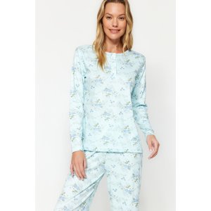Trendyol Mint Cotton Floral Tshirt-Pants Knitted Pajamas Set