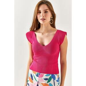 Olalook Women's Fuchsia Padded Shoulder Crop Knitwear Blouse