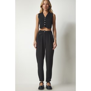 Happiness İstanbul Women's Black Buttoned Stylish Woven Trousers