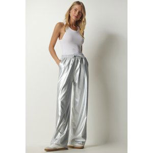 Happiness İstanbul Women's Metallic Gray Pocket Shiny Palazzo Trousers