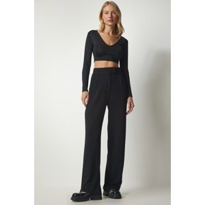 Happiness İstanbul Women's Black Velcro Waist Comfortable Woven Trousers