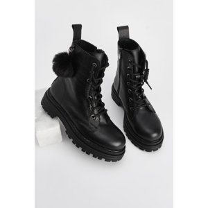 Marjin Women's Genuine Leather Thick Sole Lace-Up Boots Boots Tosen Black.