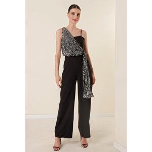 By Saygı One Side Has A Thread Strap, One Side Has Sequins Shawl Accessorized Jumpsuit Silver