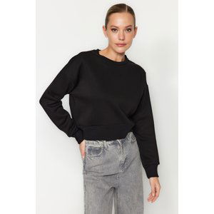 Trendyol Black Thick Fleece Inner Crew Neck Relaxed Cut Crop Knitted Sweatshirt