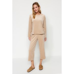 Trendyol Beige Soft Feeling Velvet Tshirt-Capri Knitted Pajamas Set