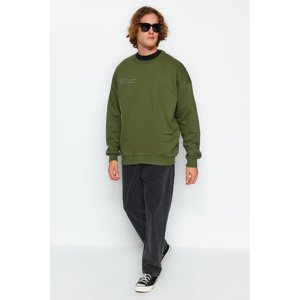 Trendyol Khaki Men's Oversize/Wide Cut Sweatshirt with Text Embroidery, Fleece Inside.