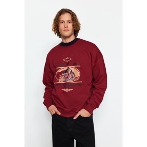 Trendyol Claret Red Men's Oversize/Wide Cut Motorcycle Printed Fleece Inner Sweatshirt