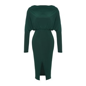 Trendyol Emerald Green Clad Collar A-Line / A-Line Formal Midi Stretch Knit Dress with a Slit