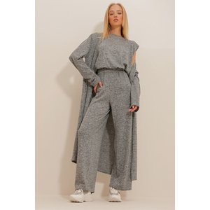 Trend Alaçatı Stili Women's Anthracite Shoulder Padded Crew-neck Blouse With Pants And A Cardigan Slim Knitwear Set Suit