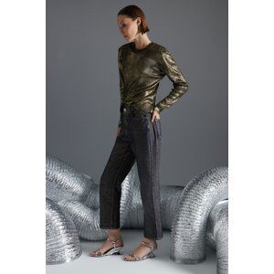 Trendyol Gold Shiny Metallic Print High Waist Long Straight Jeans