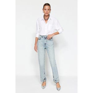 Trendyol High Waist Long Straight Jeans with Blue Leg Detail