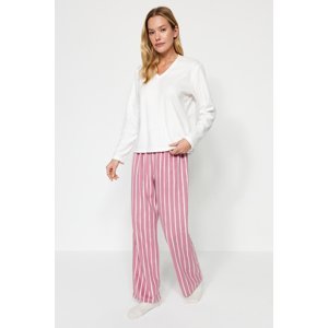 Trendyol White Striped Fleece Tshirt-Pants Knitted Pajama Set