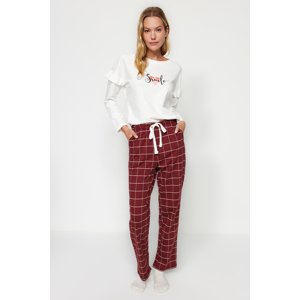 Trendyol White 100% Cotton Slogan Tshirt-Pants Knitted Pajama Set