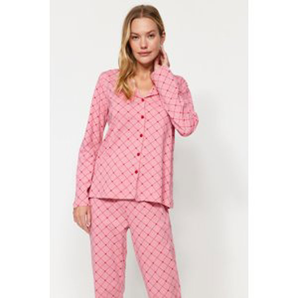 Trendyol Pink 100% Cotton Check Shirt-Pants and Knitted Pajamas Set