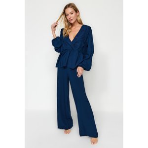 Trendyol Navy Blue Embroidery Detailed Viscose Woven Pajamas Set