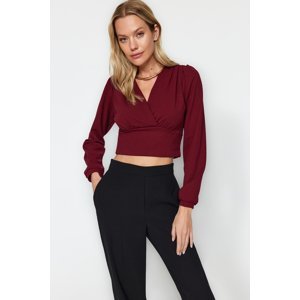 Trendyol Claret Red Crepe Crop Double Breasted V-Neck Knitted Blouse