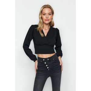 Trendyol Black Crepe Crop Double Breasted V-Neck Knitted Blouse