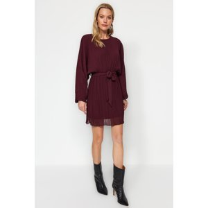 Trendyol Damson Belted Straight Cut Mini Lined Pleated Woven Dress