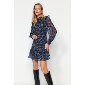 Trendyol Navy Blue Belted Waisted Mini Woven Lined Ruffle Detailed Dress