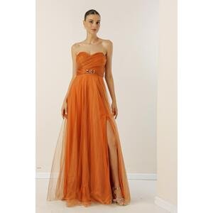 By Saygı Strapless, Buckled Waist, Draped and Lined Long Tulle Dress