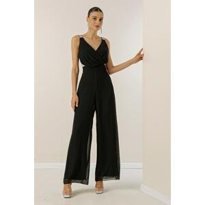 By Saygı Double Breasted Neck Strap Stone Detailed Lined Chiffon Jumpsuit