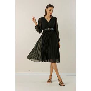 By Saygı Double-breasted Collar Waist Belt, Pleat Lined Chiffon Dress