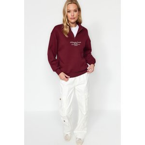 Trendyol Burgundy Thick Fleece Inside, Zipper Stand-Up Collar Oversized/Wide Knitted Sweatshirt