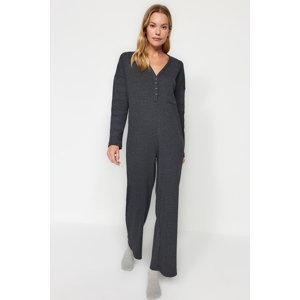 Trendyol Anthracite Pocket and Button Detailed Ribbed Cotton Knitted Jumpsuit