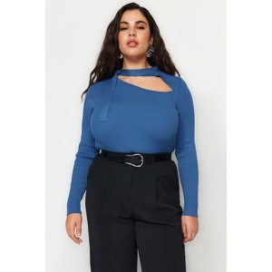 Trendyol Curve Indigo With Window/Cut Out Detailed Corduroy Knitwear Blouse