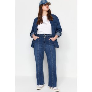 Trendyol Curve Blue High Waist Straight Fit Jeans with Belt Stitching Detail