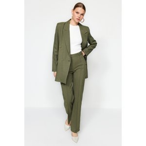 Trendyol Khaki High Waist Straight/Straight Fit Ribbed Woven Trousers