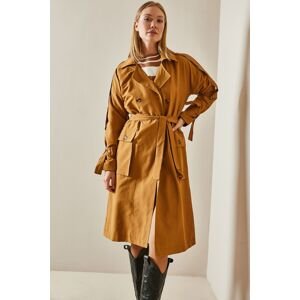 XHAN Orange Double Breasted Collar Trench Coat With Pocket