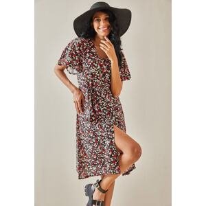 XHAN Black Floral Patterned Dress with Ruffles on the sleeves
