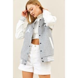 XHAN Women's Gray Stripe Detailed Collage Jacket