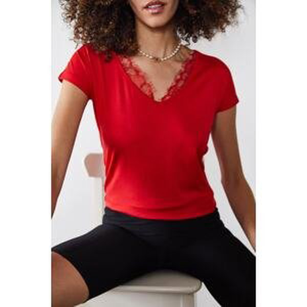 XHAN Women's Red Lace V-Neck Blouse
