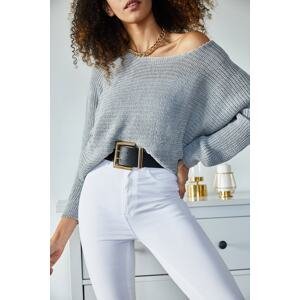 XHAN Women's Gray Boat Collar Knitwear Sweater