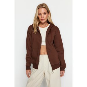 Trendyol Brown Hooded and Zippered Knitted Sweatshirt with Fleece Inside