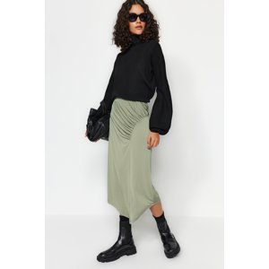 Trendyol Khaki Elastic Knitted Midi Skirt With Drape Detailed