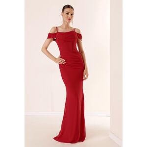 By Saygı Rope Hangings Low Sleeves Underwire Long Chiffon Dress With Draped Front Linen Red