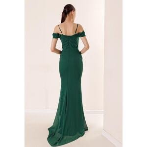 By Saygı Rope Strap Low Sleeve Underwire Front Draped Lined Long Chiffon Dress Emerald