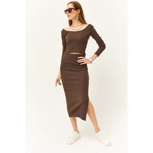 Olalook Women's Bitter Brown Open Collar Long Sleeved Blouse and Slit Skirt Set