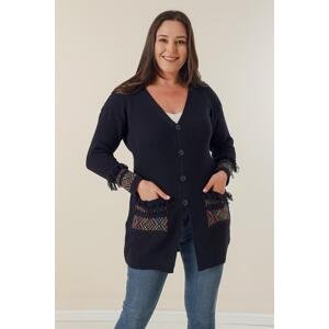 By Saygı Button-up Front, Tassels Patterned Plus Size Cardigan with Pockets And At The Ends Of The Sleeves.